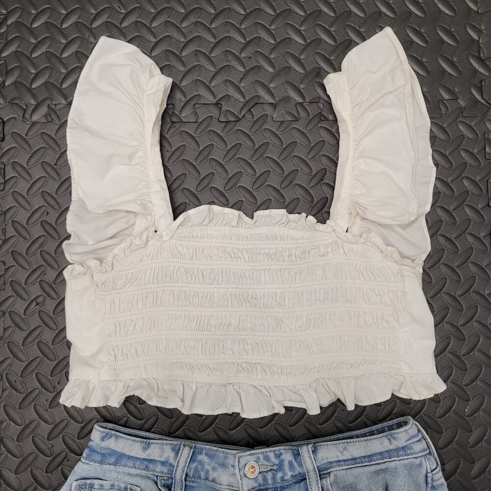 Altar’d State White Smocked Ruffle Crop Top Medium Tie Back Cottagecore